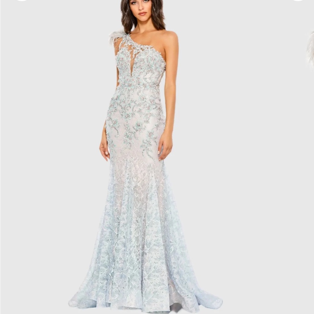 Mac Duggal Light Blue and White Floral Gown